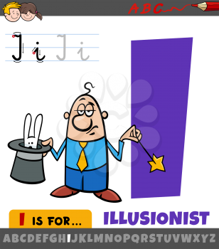 Educational cartoon illustration of letter I from alphabet with illusionist character for children 