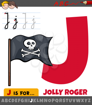 Educational cartoon illustration of letter J from alphabet with Jolly Roger flag
