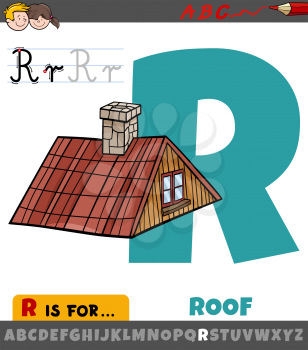 Educational cartoon illustration of letter R from alphabet with roof object