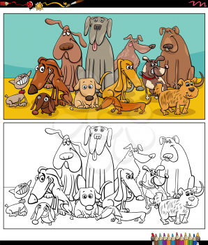 Cartoon illustration of dogs animals comic characters group coloring book page