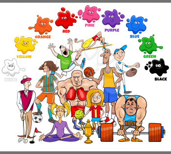 Educational cartoon illustration of basic colors for children with group of athletes of various disciplines