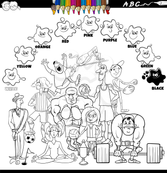 Black and white educational cartoon illustration of basic colors for children with group of athletes of various disciplines coloring book page