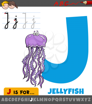 Educational cartoon illustration of letter J from alphabet with jellyfish animal character
