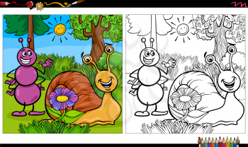 Cartoon illustration of ant and snail animal characters group coloring book page