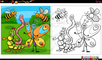 Cartoon illustration of insects animal characters group coloring book page