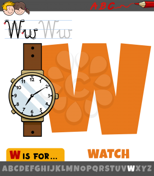 Educational cartoon illustration of letter W from alphabet with watch object