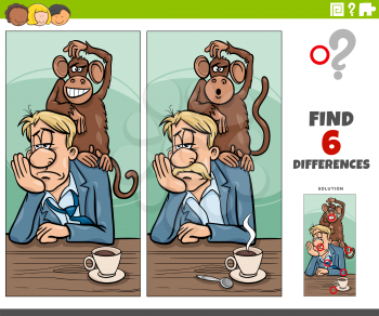 Cartoon illustration of finding the differences between pictures educational game with monkey on your back saying or proverb