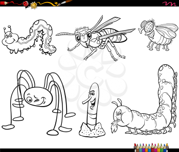 Black and white cartoon illustration of insects animals comic characters set coloring book page