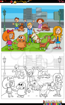 Cartoon illustration of children and dogs comic characters group coloring book page