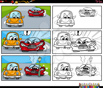 Cartoon illustration of comic story with cars characters coloring book page