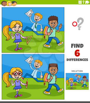 Cartoon illustration of finding the differences between pictures educational game with elementary age pupils