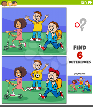 Cartoon illustration of finding the differences between pictures educational game with elementary age children