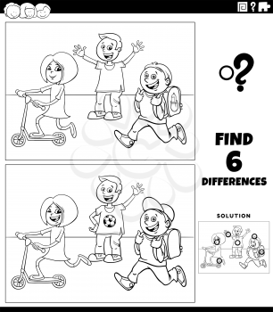 Black and white cartoon illustration of finding the differences between pictures educational game with elementary age children coloring book page