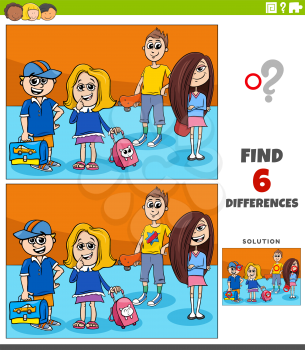 Cartoon illustration of finding the differences between pictures educational game with elementary age kids