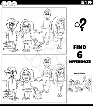 Black and white cartoon illustration of finding the differences between pictures educational game with elementary age kids coloring book page