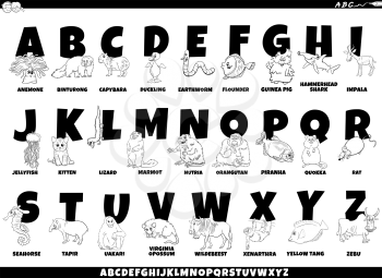 Black and white educational cartoon illustration of colorful complete alphabet set with comic animal characters and captions