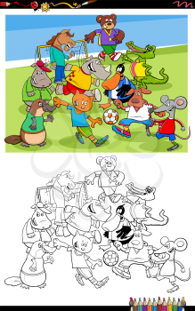 Cartoon illustration of comic animal characters group playing football or soccer coloring book page