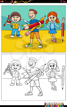 Cartoon illustration of elementary school children or pupils comic characters coloring book page