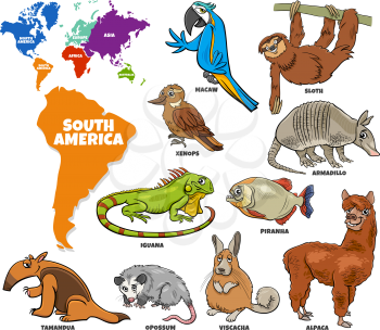 Educational cartoon illustration of South American animal species set and world map with continents shapes