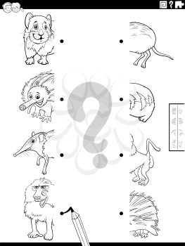 Black and white cartoon illustration of educational game of matching halves of pictures with wild animals characters coloring book page