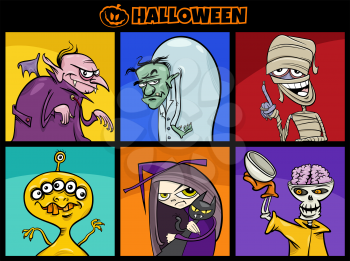 Cartoon illustration of Halloween spooky characters set