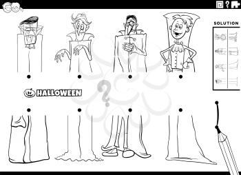 Black and white cartoon illustration of educational game of matching halves of pictures with comic vampires Halloween characters coloring book page