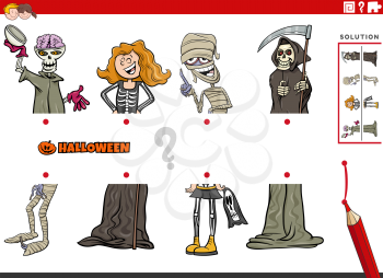 Cartoon illustration of educational game of matching halves of pictures with comic Halloween characters