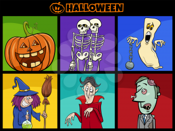 Cartoon illustration of comic spooky Halloween characters set