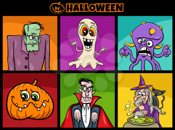 Cartoon illustration of funny Halloween characters set
