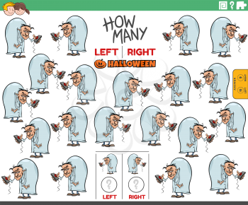 Cartoon illustration of educational task of counting left and right oriented pictures of evil scientist character