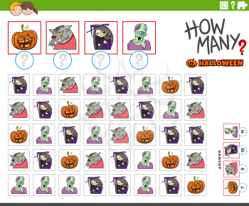 Illustration of educational counting game for children with cartoon Halloween characters