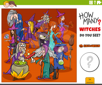Illustration of educational counting game for children with cartoon witches Halloween characters group