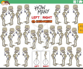 Cartoon illustration of educational task of counting left and right oriented pictures of mummy spooky Halloween character