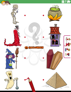 Cartoon illustration of educational matching game for kids with spooky Halloween characters