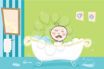 Royalty Free Clipart Image of a Baby in a Bathtub