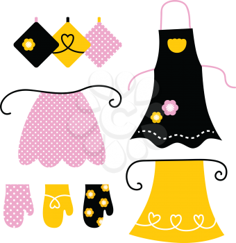 Royalty Free Clipart Image of Aprons and Oven Mitts