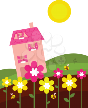 Royalty Free Clipart Image of a House in a Garden