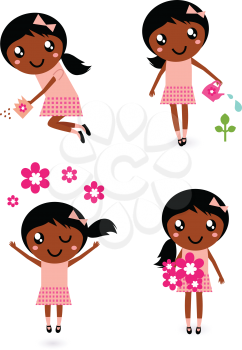 Royalty Free Clipart Image of a Girl Doing Gardening Tasks