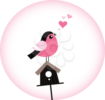 Sweet pink bird singing love song isolated in pink circle. Vector