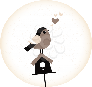 Adorable love Bird, Birdhouse and hearts. Vector Illustration