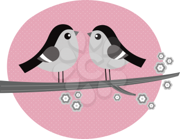 Cute monochrome love Birds. Vector retro Illustration