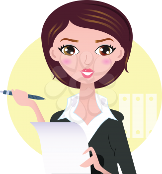 Office writing woman with paper note. Vector Illustration