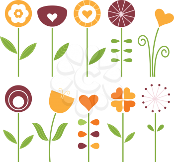 Hand drawn flowers set - orange, brown and green. Vector Illustration