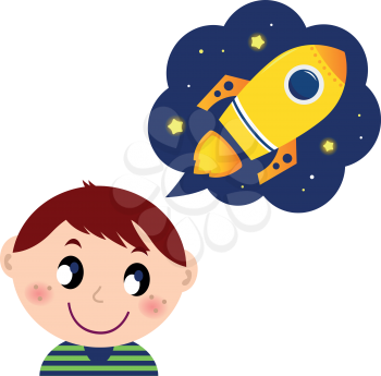 Cute boy dreaming about new spaceship. Vector cartoon Illustration
