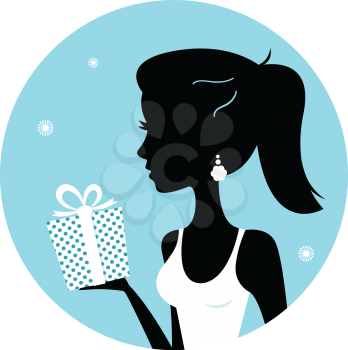 Winter young elegant woman with gift. Vector Illustration