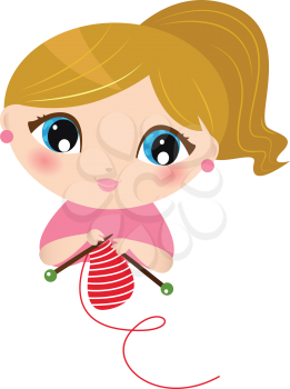 Cute young Girl knitting scarf. Vector Illustration