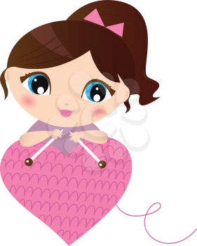 Curte beautiful Woman with knitted pink heart. Vector Illustration