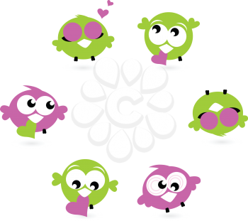 Cute Twitter birds with hearts - green and purple. Vector