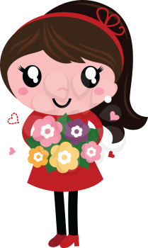 Mom in red dress with flowers in vintage style. Vector Illustration