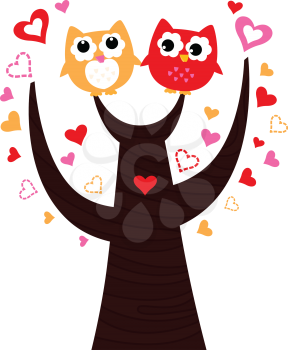 Sweet Owl couple in love. Vector cartoon Illustration
